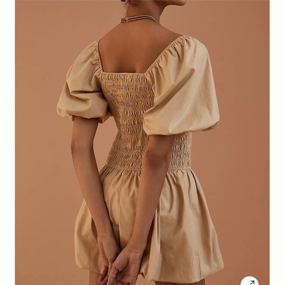 ANTHROPOLOGIE ENDLESS ROSE Smocked Puff-Sleeved Mini Dress Beige - Picture 5 of 11